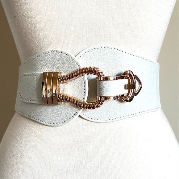 Wide Stretch Waist Belt – White with Gold Clasp | Size: S/M/L - Picture 1 of 6